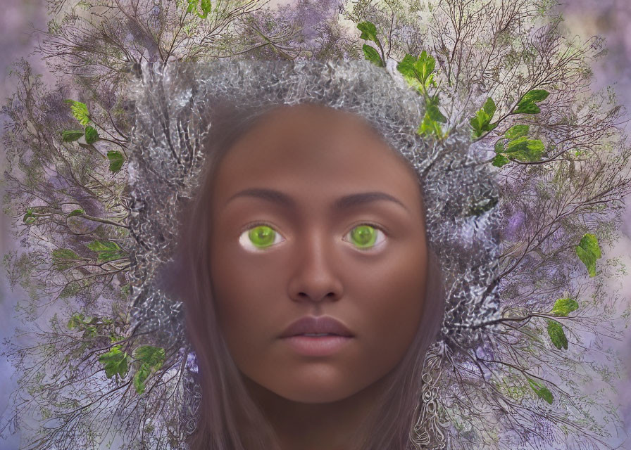 Digital artwork of woman with green eyes and tree branches in purple backdrop