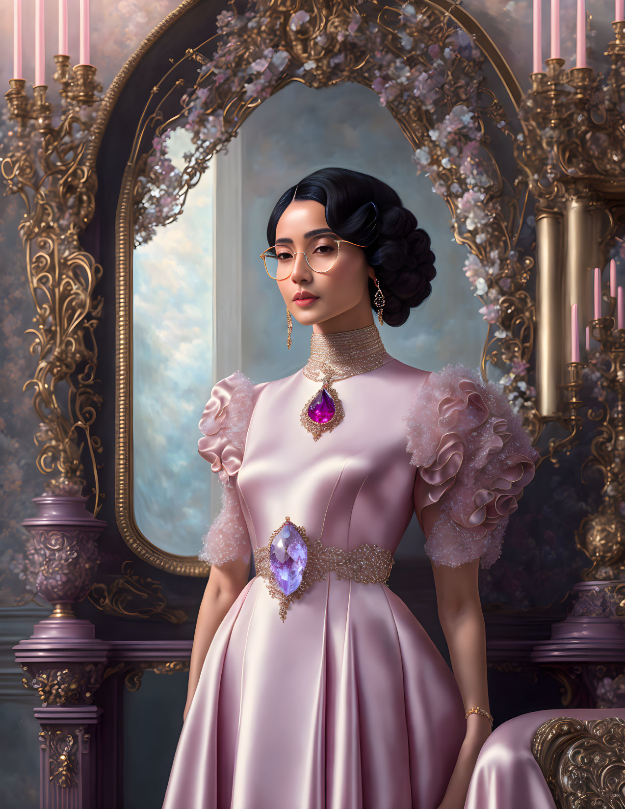 Sophisticated woman in pink dress with amethyst necklace before ornate mirror