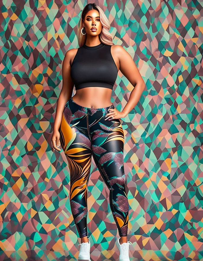 Confident woman in black crop top and patterned leggings against colorful geometric backdrop