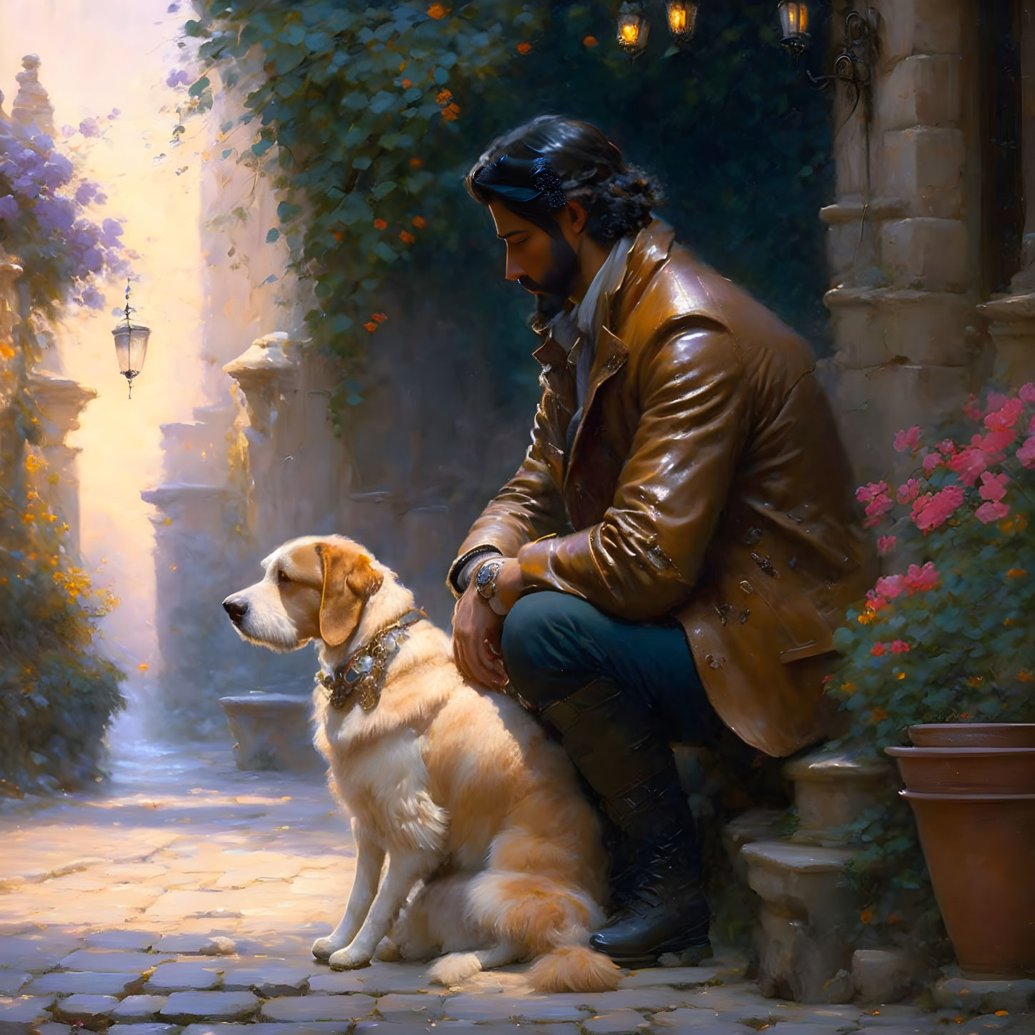 Man in leather jacket with golden retriever in flowered alleyway