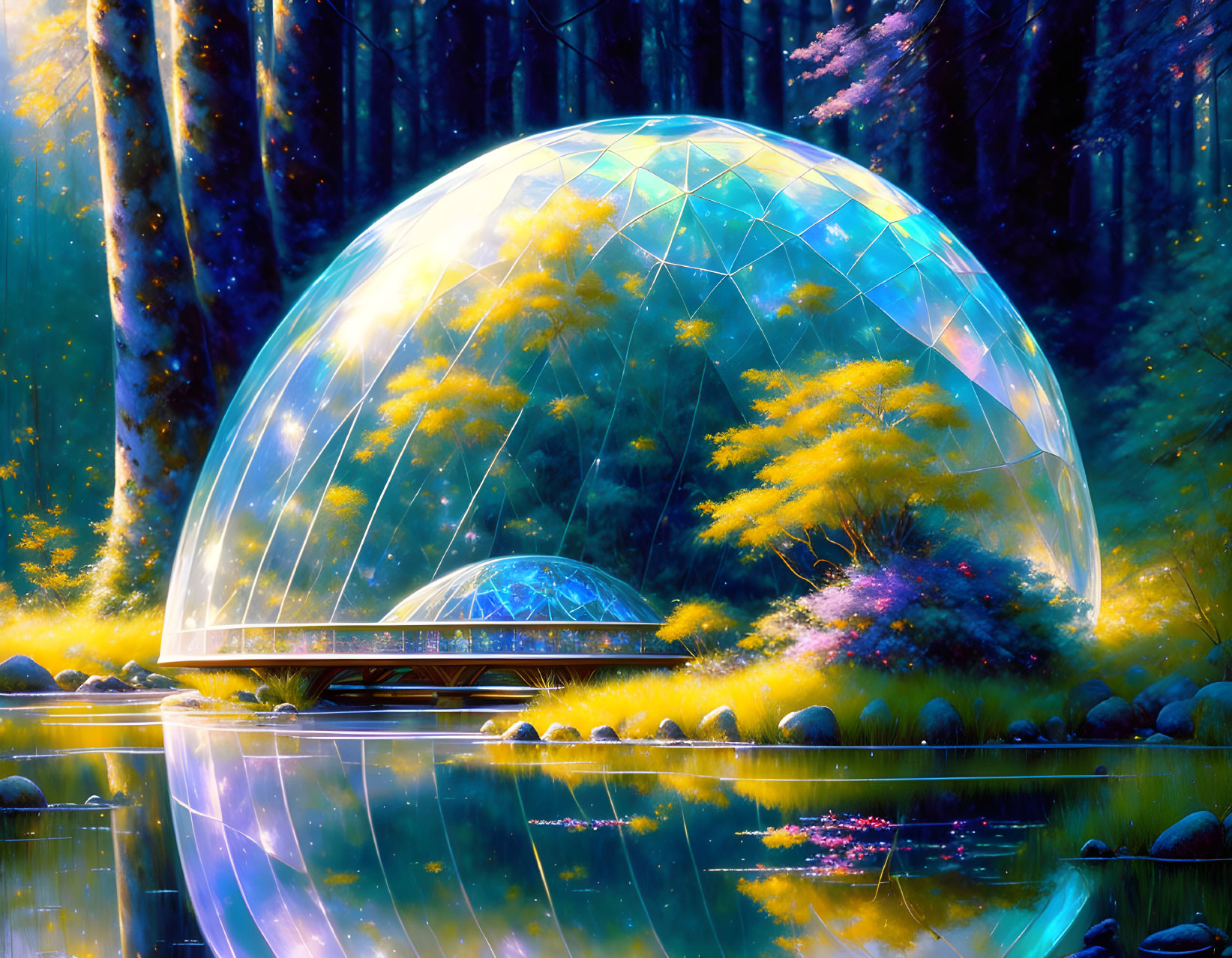 Vibrant magical forest with glass dome at twilight