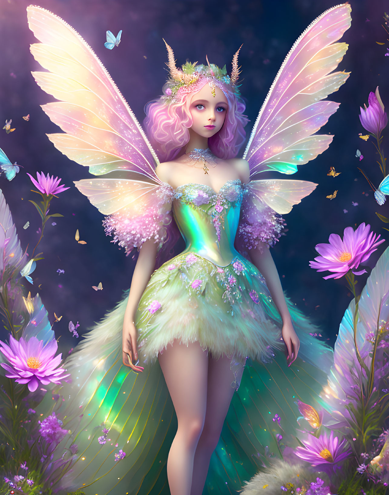 Iridescent-winged figure with pastel hair, crown, butterflies, and flowers on dark background