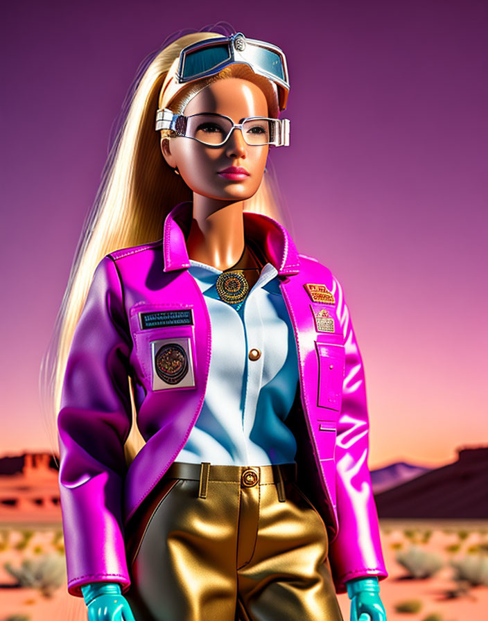 Colorful 3D illustration: Fashionable female in desert landscape