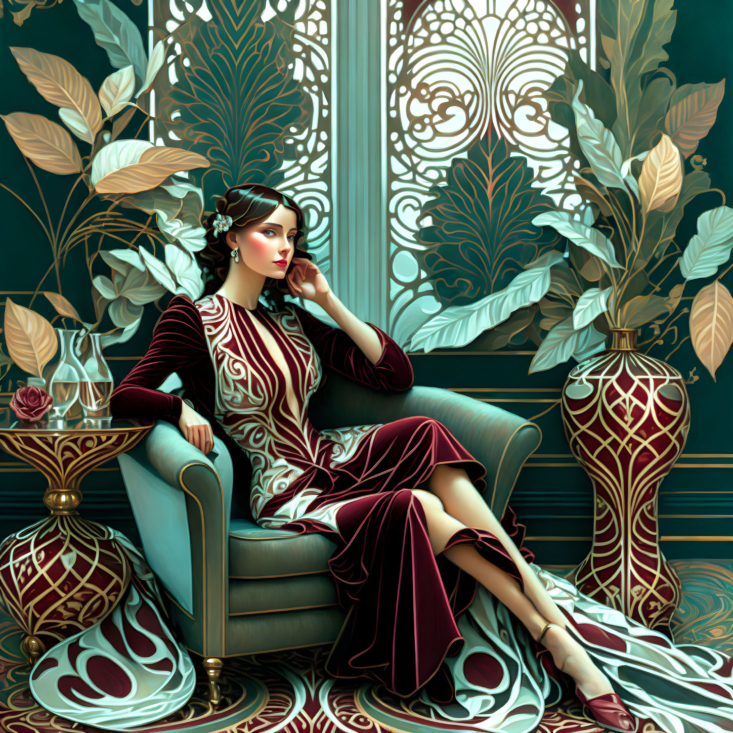 Sophisticated woman in burgundy dress on ornate Art Nouveau armchair