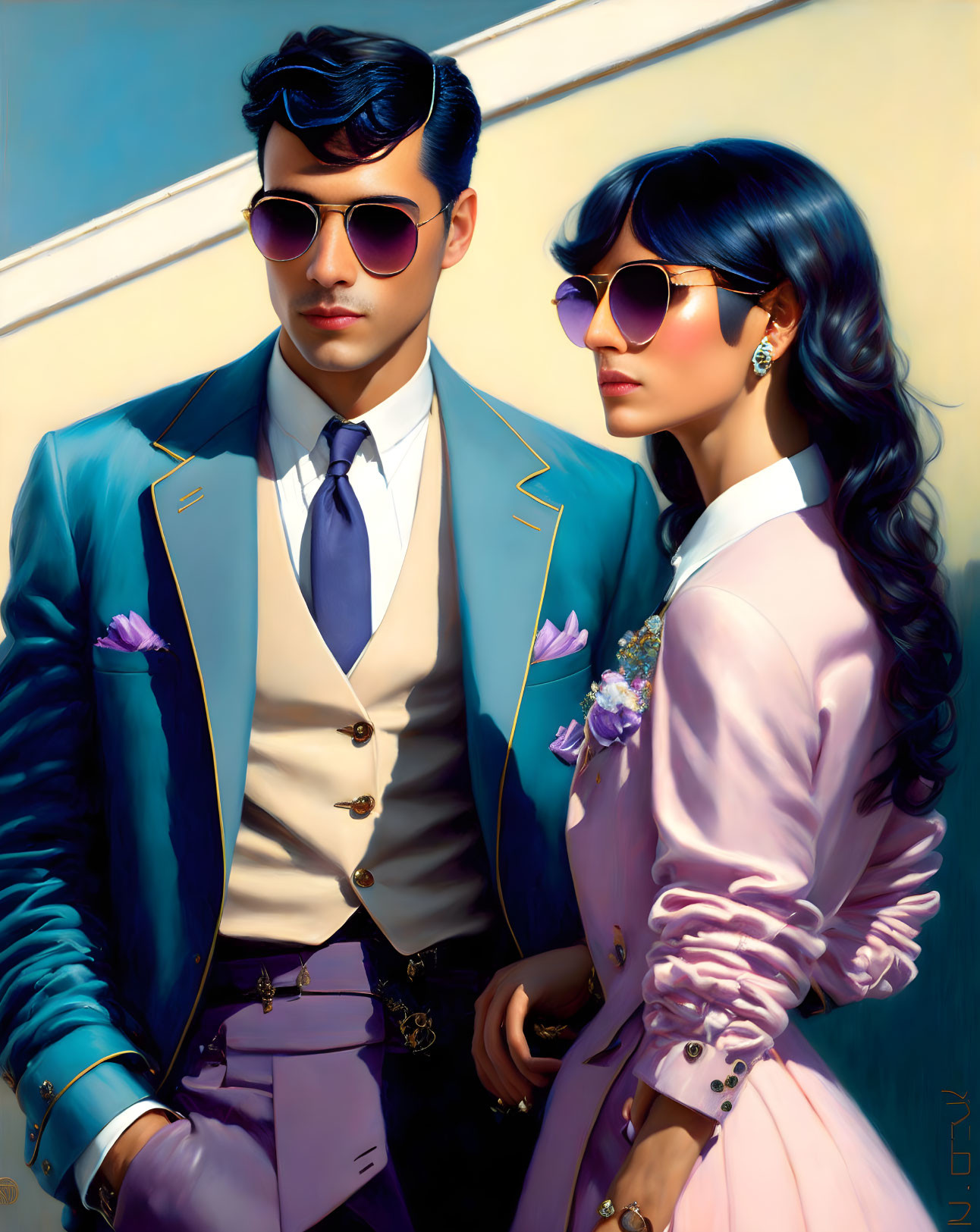 Colorful Stylized Fashion Illustration of Man & Woman in Sunglasses