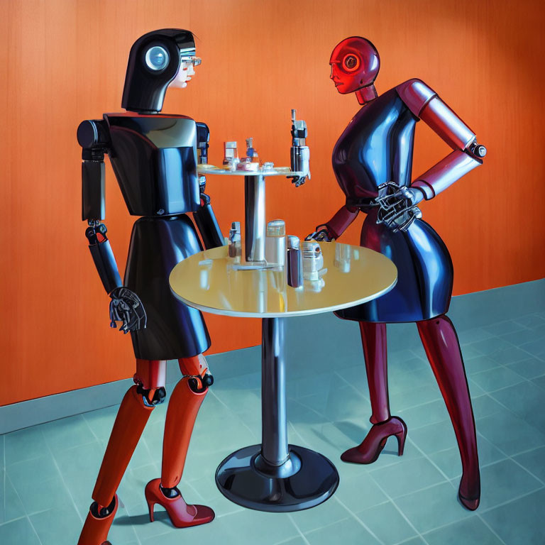 Stylized robots with human-like features conversing around a table with vials