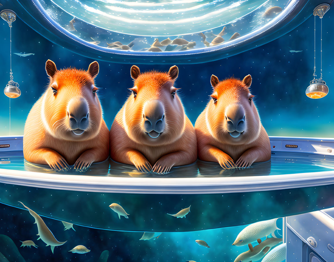 Three Cartoon Capybaras in Spaceship Watching Fish in Space Scene