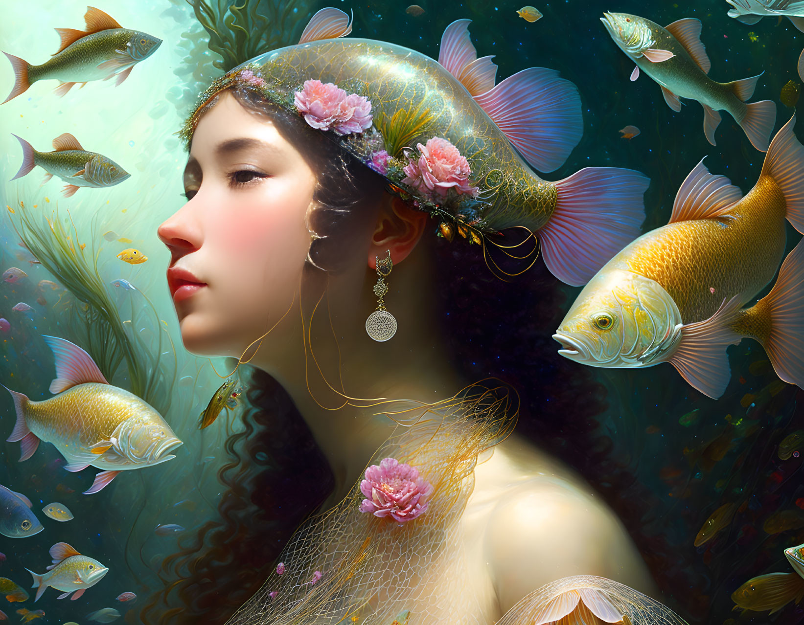 Surreal portrait of woman with fish, floral decorations, and fishnet veil