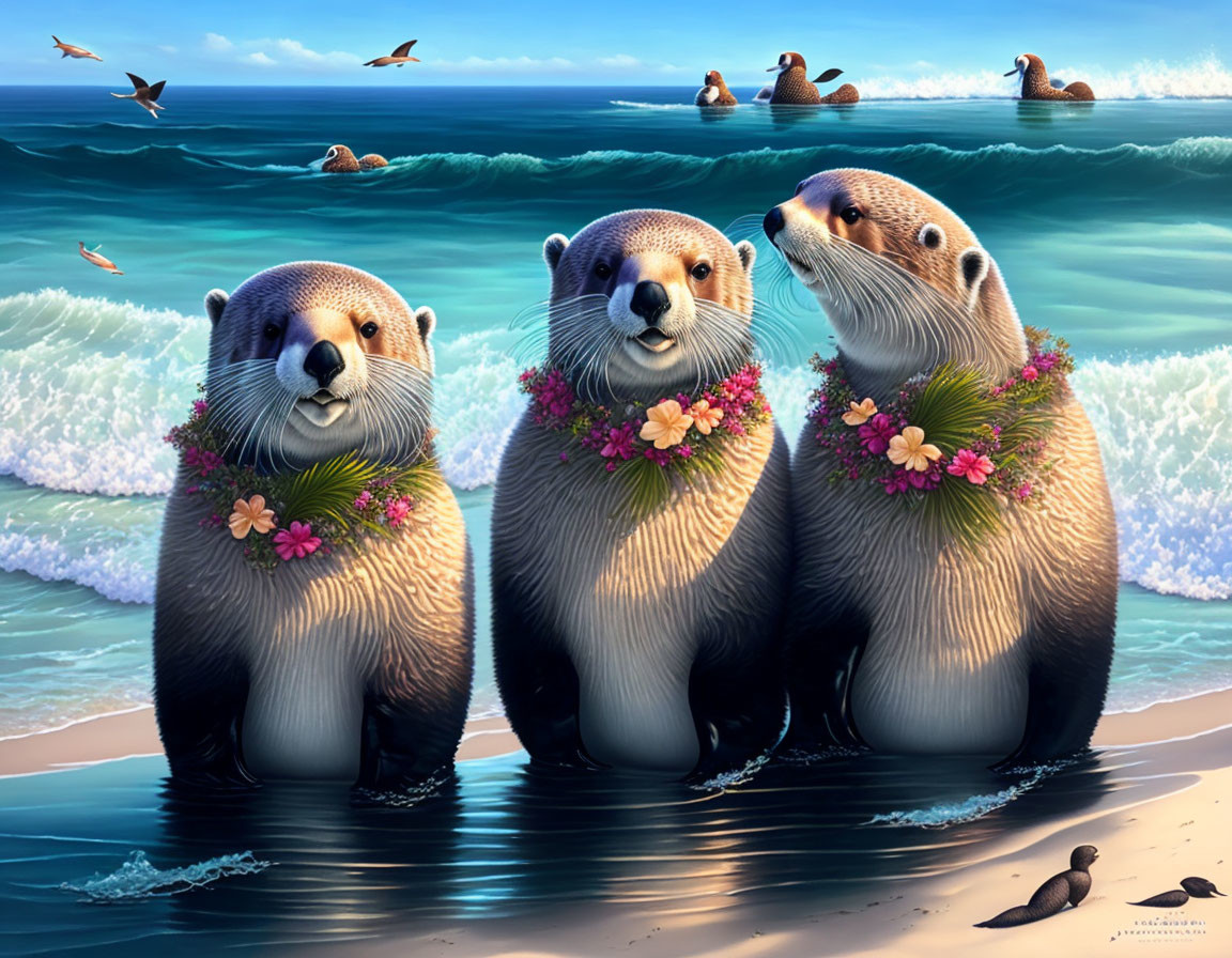 Illustrated otters with floral necklaces on beach with waves and seagulls