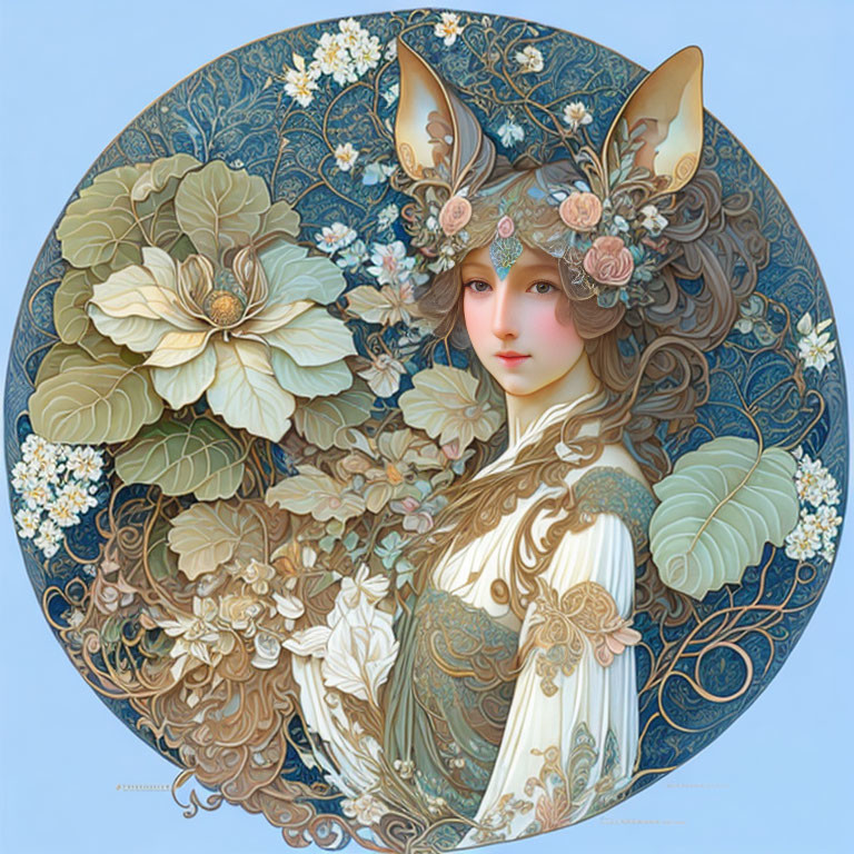 Illustration of person with fox ears and floral backdrop in soft blue tones