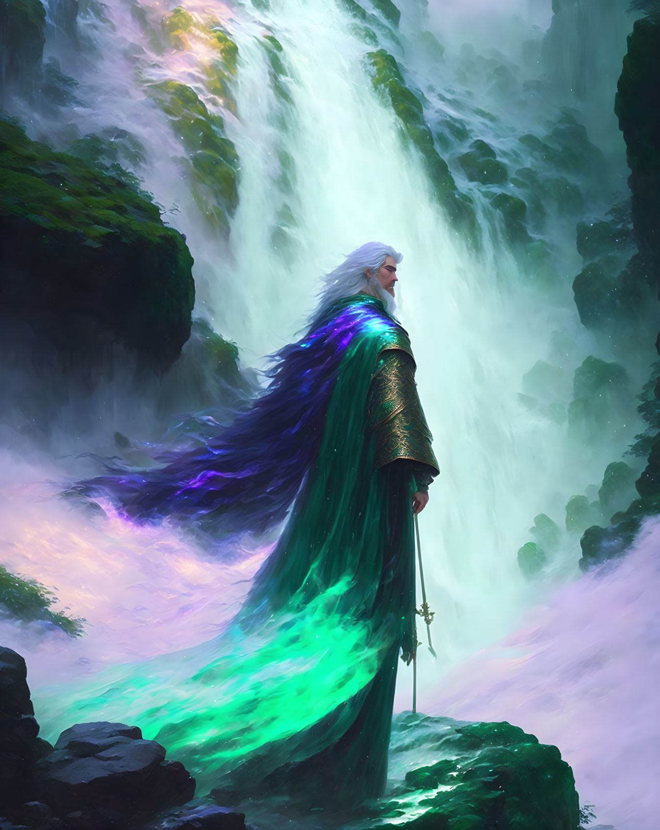 White-haired figure in green cape wields sword by majestic waterfall