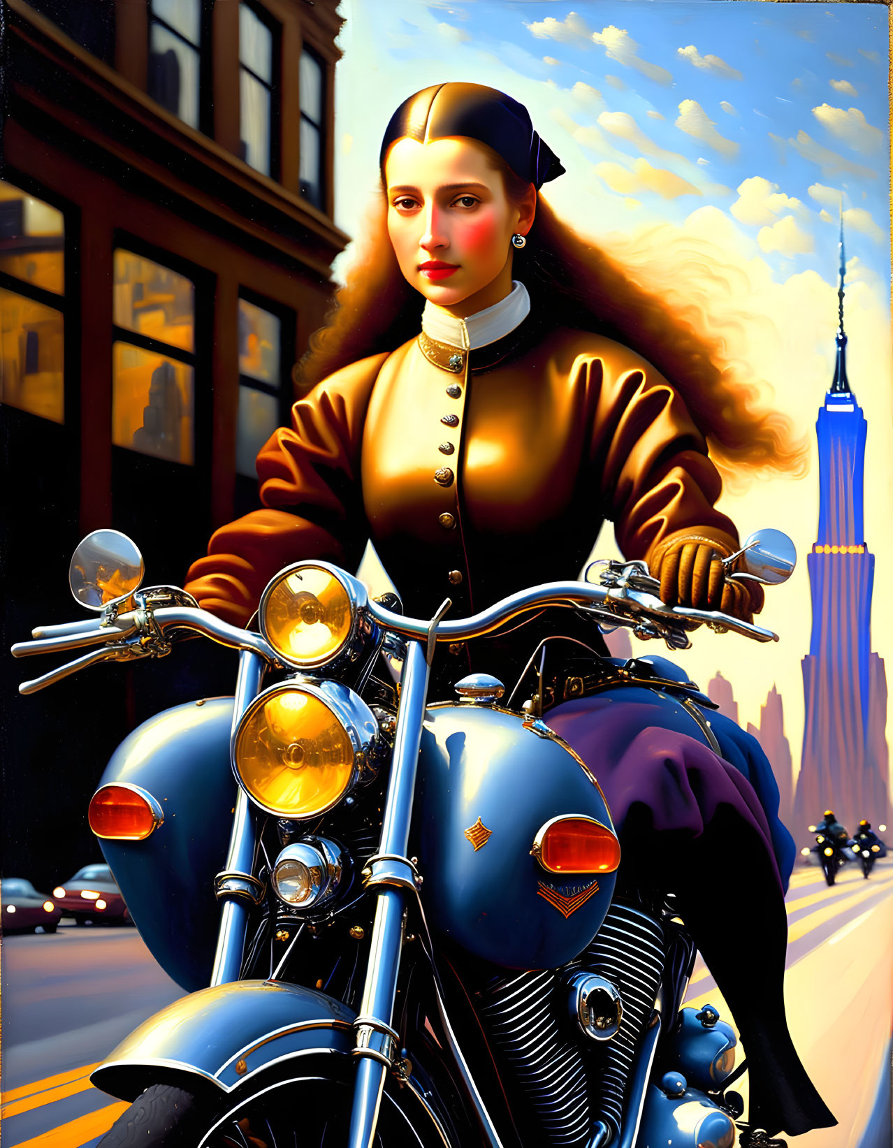 Woman in vintage clothing on classic motorcycle with Empire State Building backdrop