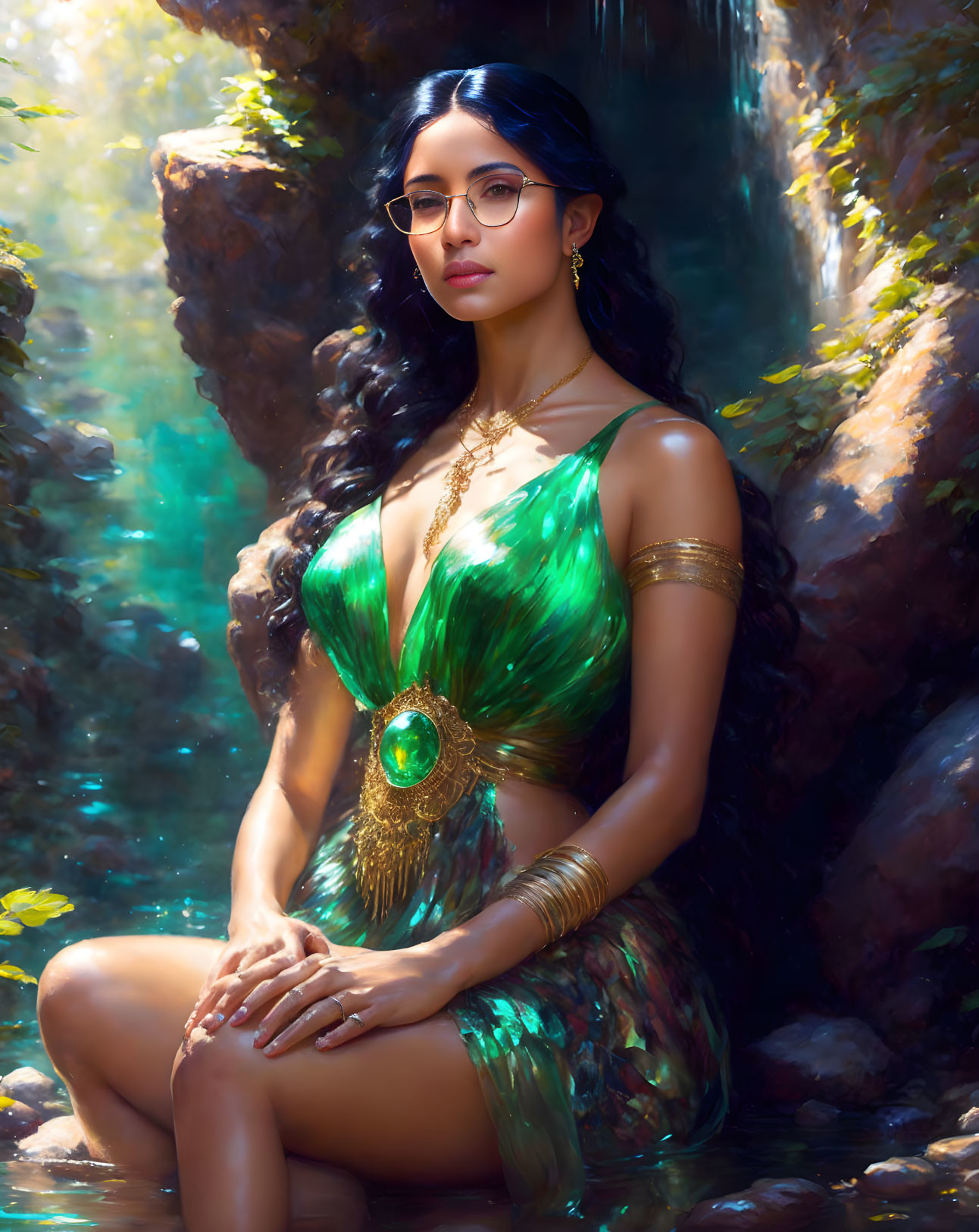 Woman in Green Dress by Waterfall in Sunlit Forest