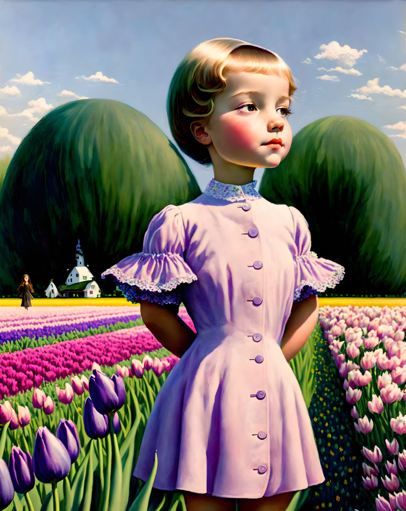 Colorful painting of young girl in purple dress among tulip fields with oversized fruit and small house.