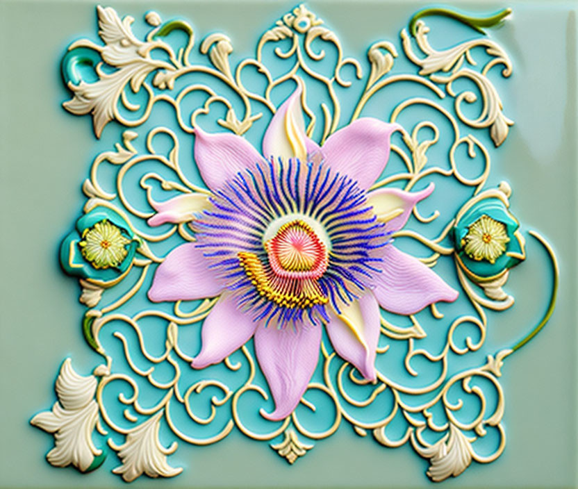 Detailed 3D Floral Bas-Relief Artwork with Pink and Purple Flower on Teal Background