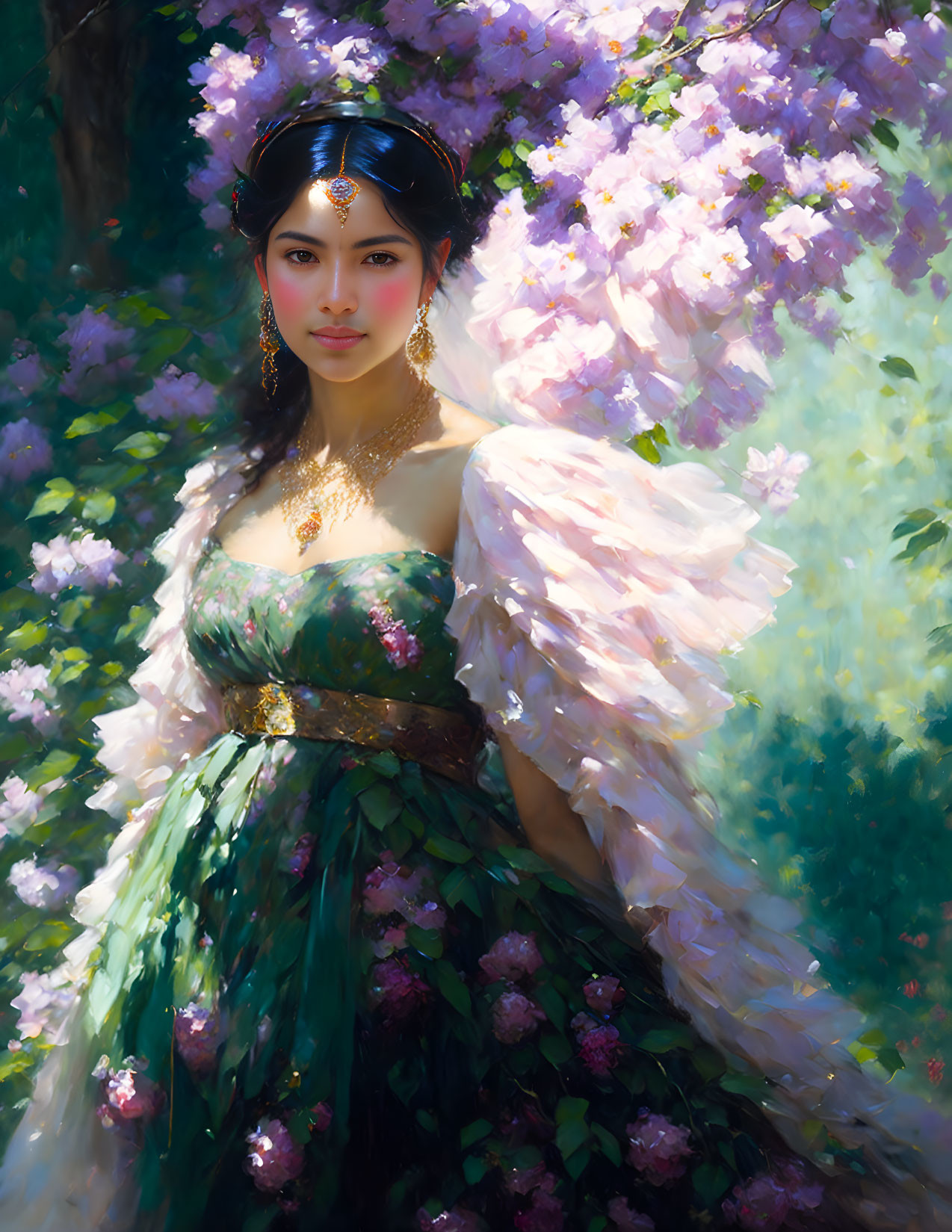 Woman in Green Dress Surrounded by Pink Flowers and Sunlight