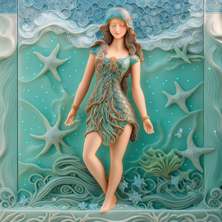 Three-Dimensional Artwork of Woman in Sea-Themed Dress with Starfish and Waves