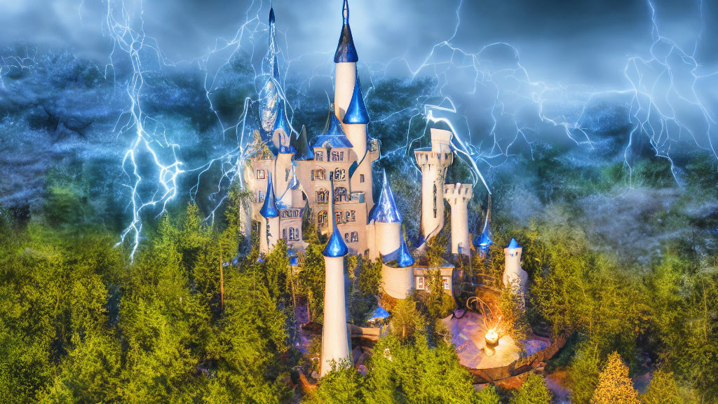 Enchanting castle with pointed towers in a stormy night landscape