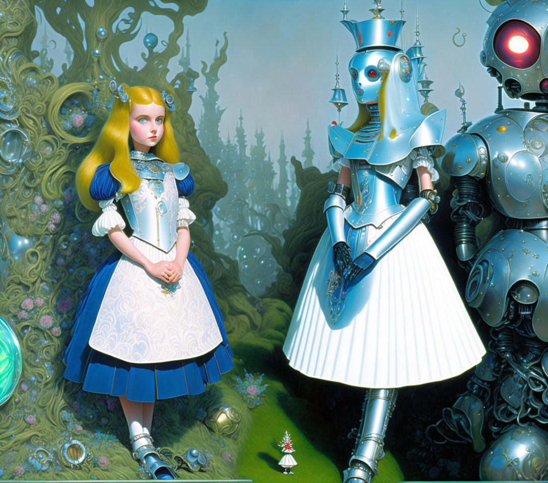 Fantastical Alice in Wonderland themed illustration with robotic White Queen in detailed environment