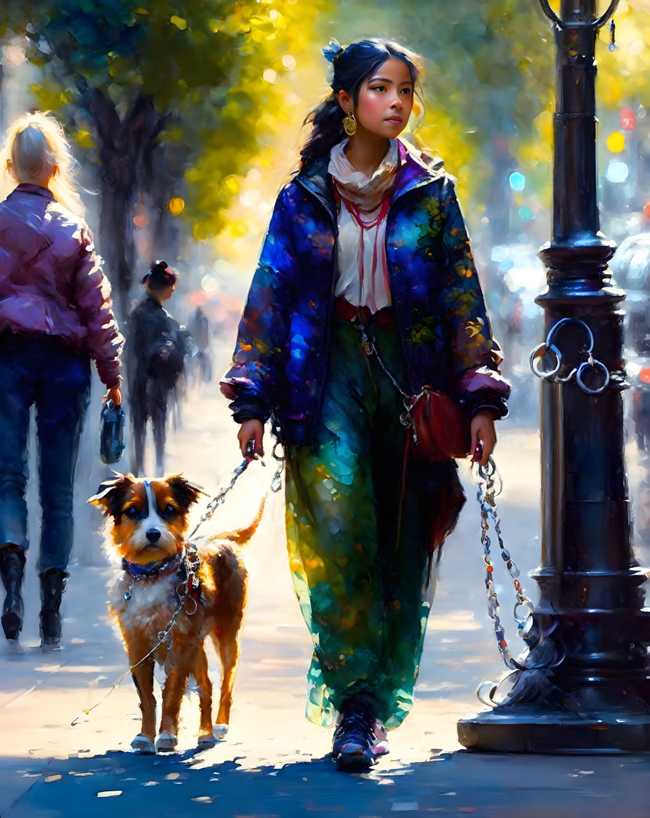 Colorfully dressed woman walking dog on urban path with blurred background.