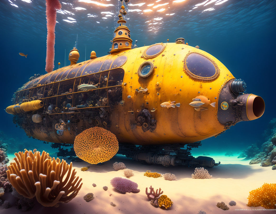 Yellow submarine with portholes on ocean floor surrounded by coral and fish