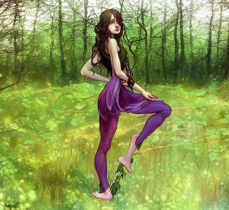 Whimsical female figure with brown hair in purple attire in lush green forest
