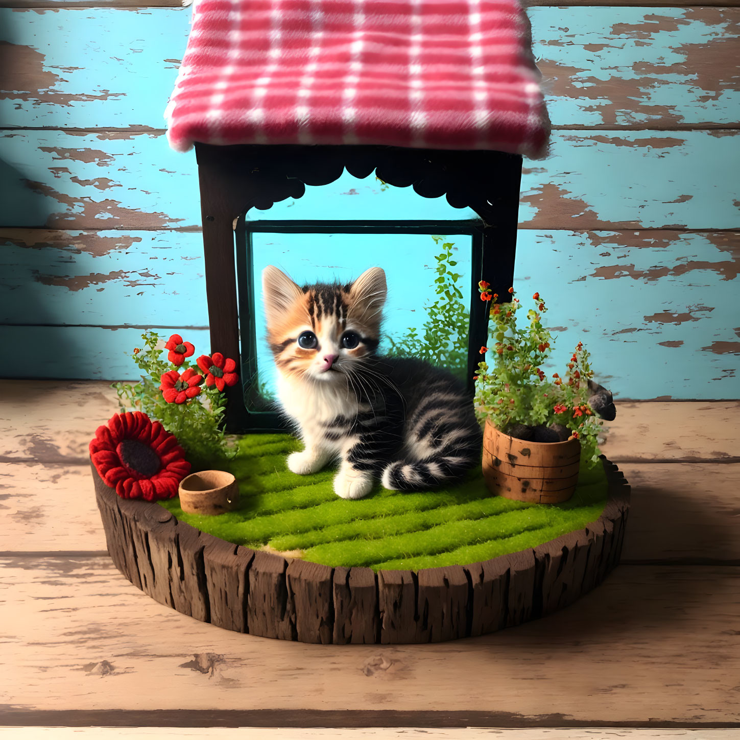 Adorable kitten in pink-roofed wooden house with flowers and bucket