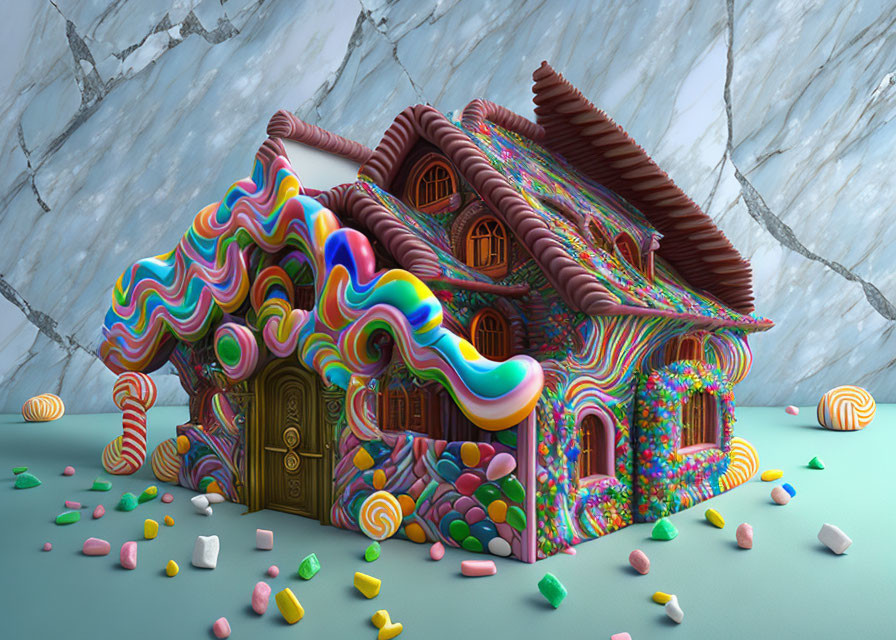 Colorful candy-themed house with rainbow swirls and sweets on marble backdrop