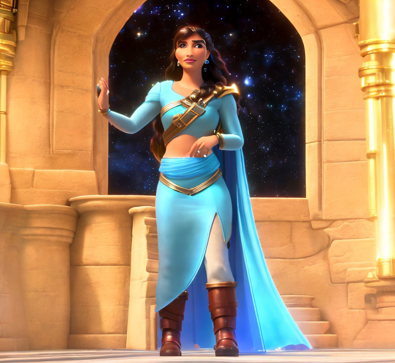 Animated character in blue outfit in palace corridor with stars visible through archway