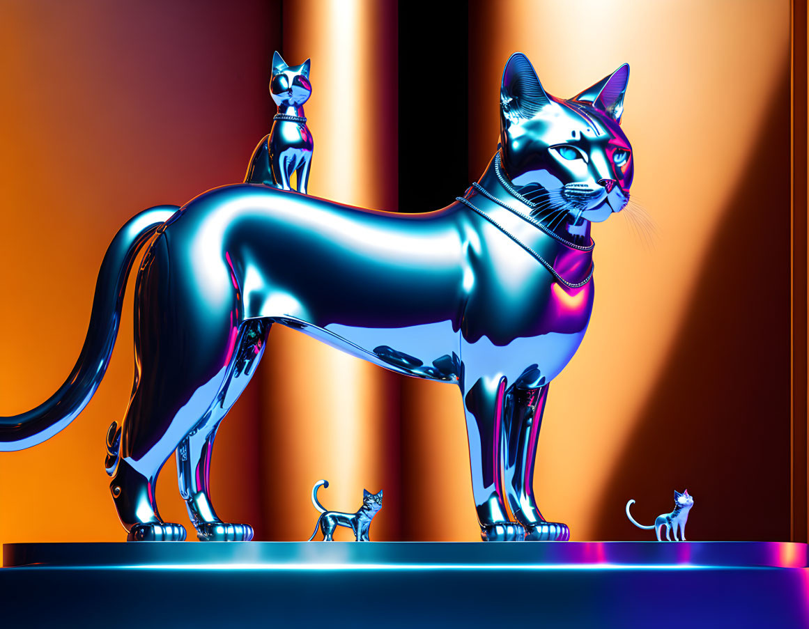 Metallic cat sculpture with smaller figures on orange backdrop