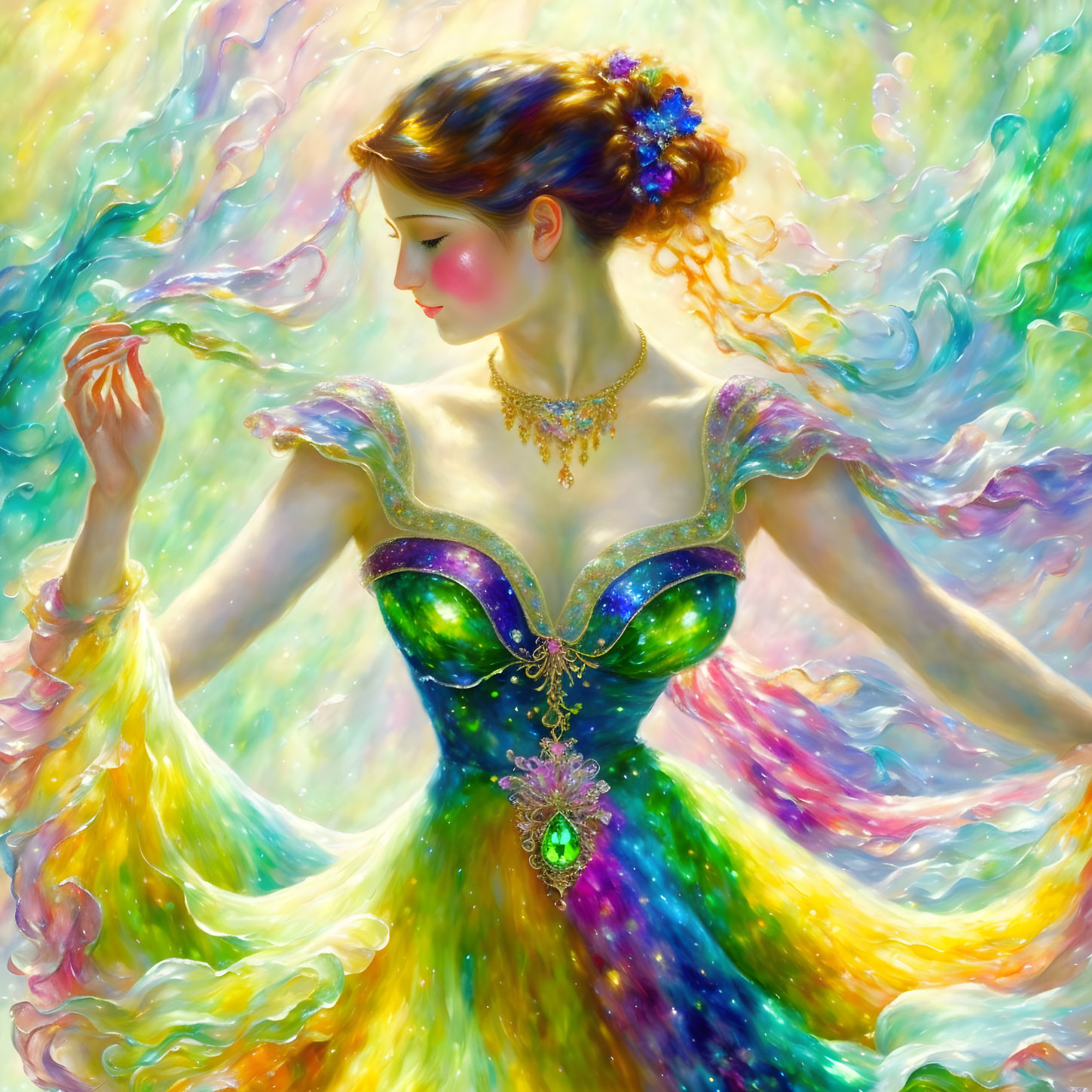 Colorful Woman in Flowing Dress Surrounded by Pastel Swirls