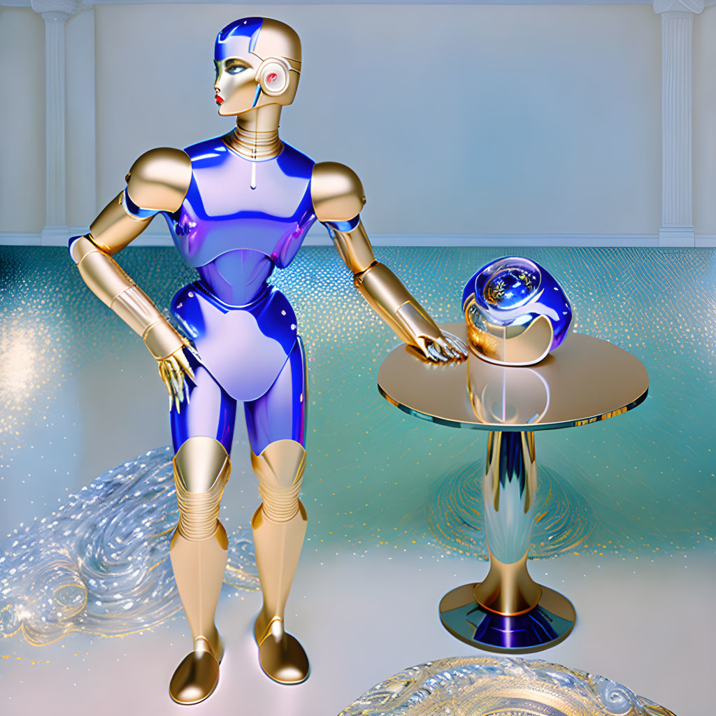 Futuristic humanoid robot in blue and gold armor with spherical object in elegant room