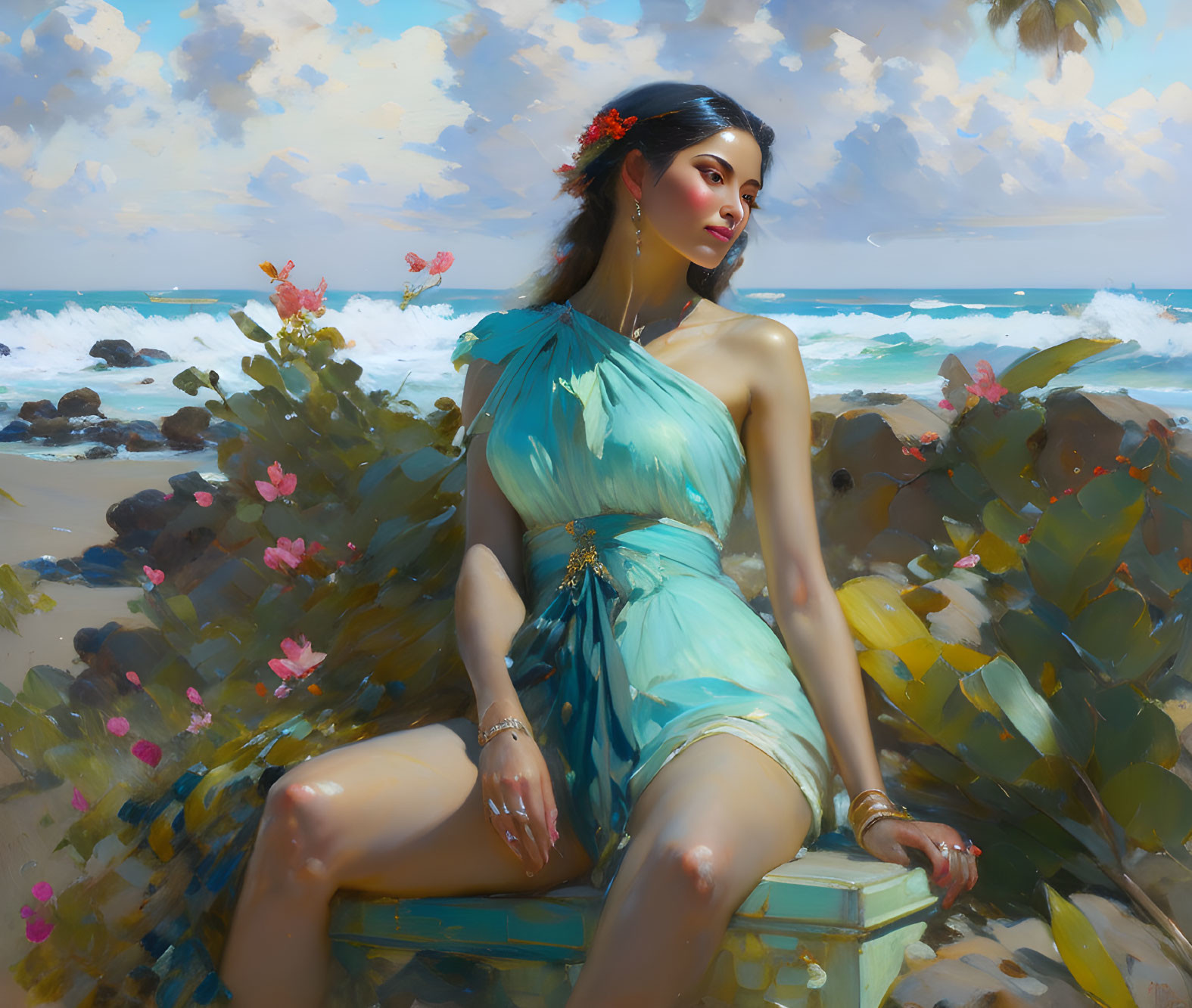 Pensive woman in turquoise dress on beach stool with flowers, sea in background