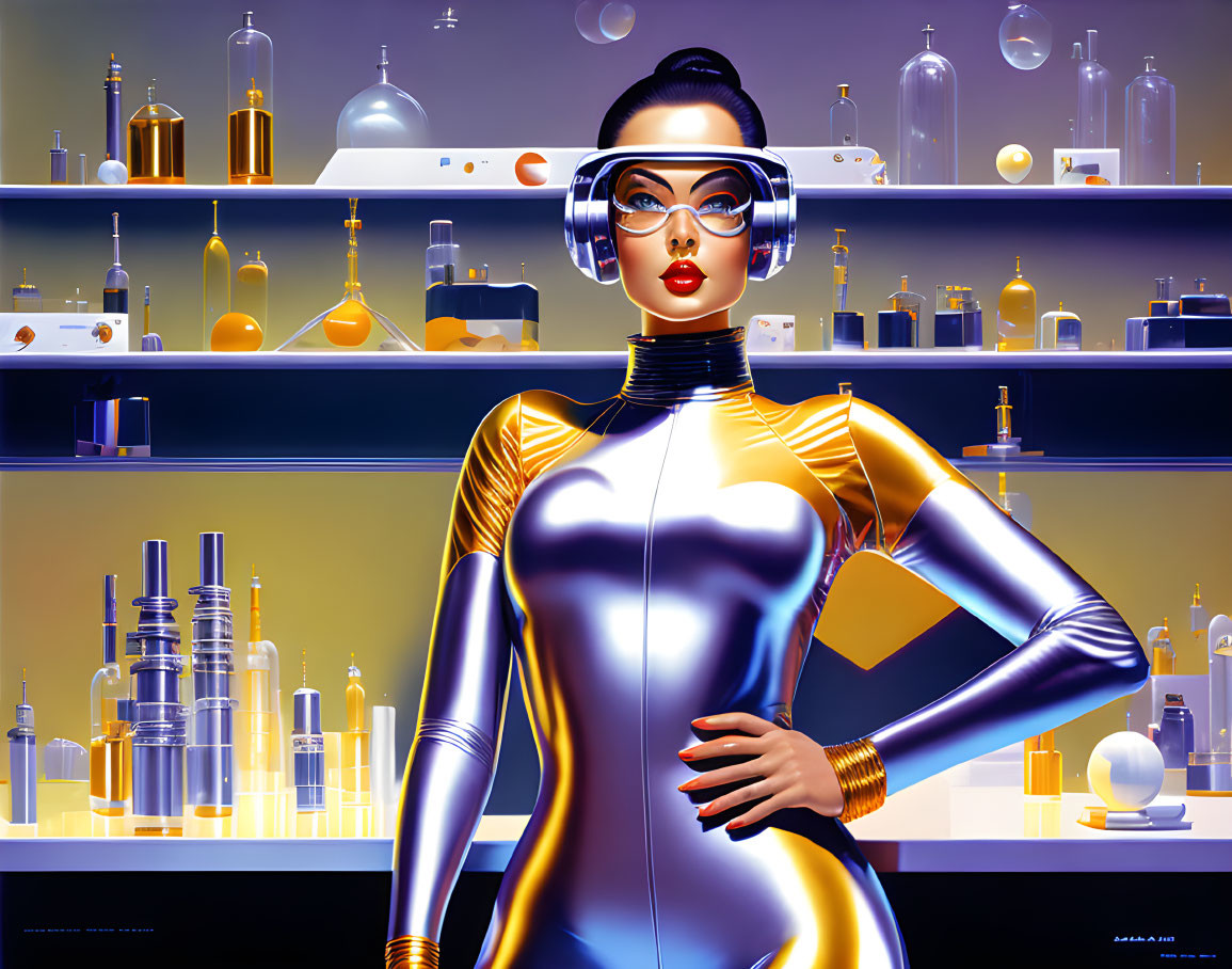 Futuristic woman in gold and silver bodysuit with visor glasses poses in front of sleek