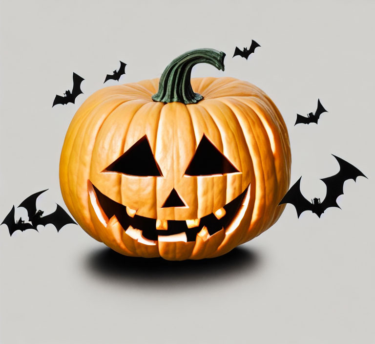 Glowing Jack-o'-lantern with bats on light background