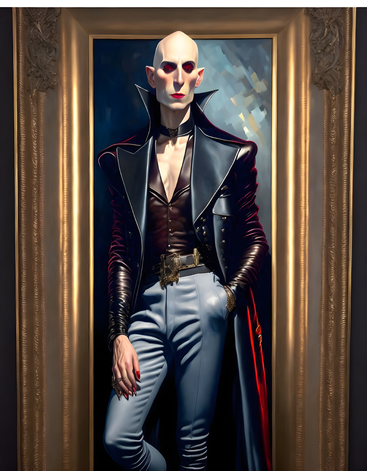 Pale figure in high-collared coat and blue trousers with red lining, posing confidently.