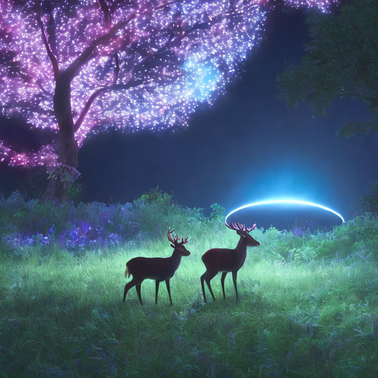 Mystical forest scene with deer, glowing flowers, and night sky landscape