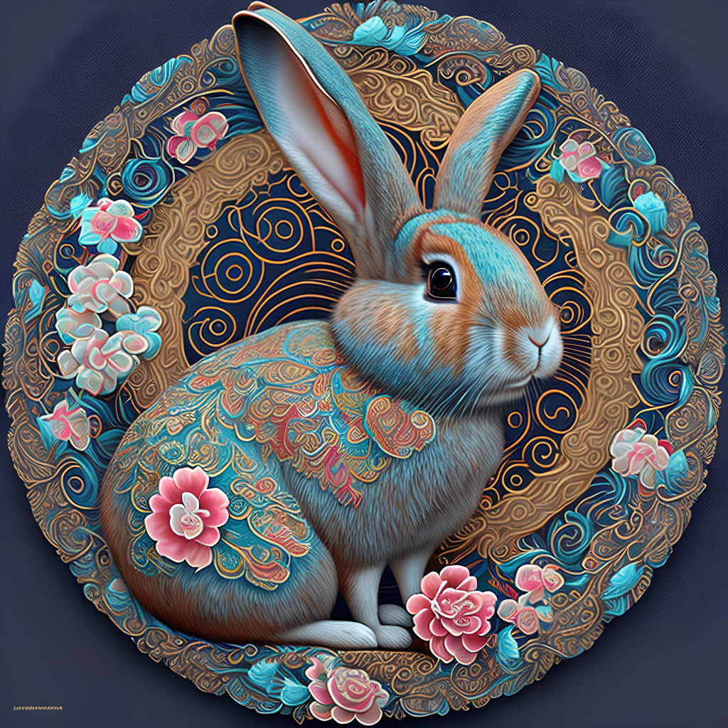 Detailed Rabbit Illustration with Ornate Patterns and Flowers in Mandala Background