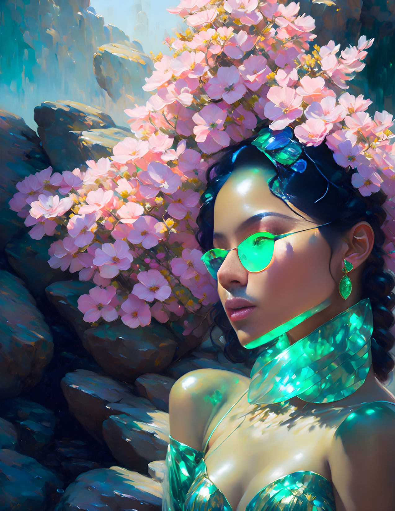 Reflective sunglasses woman in shiny attire against pink blossoms and rocky backdrop creates futuristic ethereal vibe