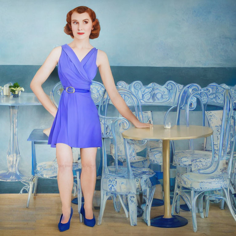 Vintage-style woman in blue dress at cafe table with ornate chairs