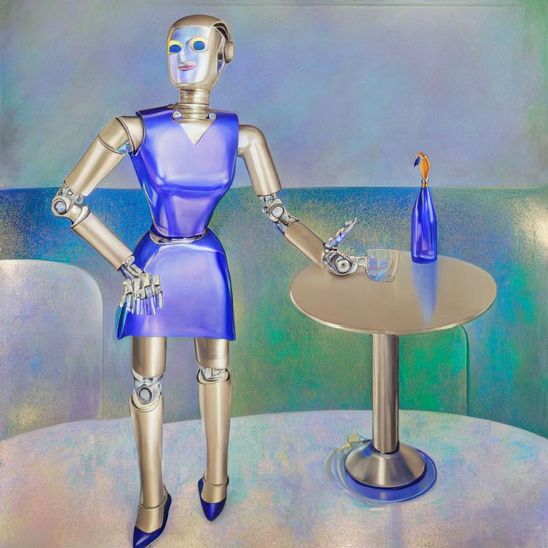 Stylized robot in blue dress beside round table with bottle and glass