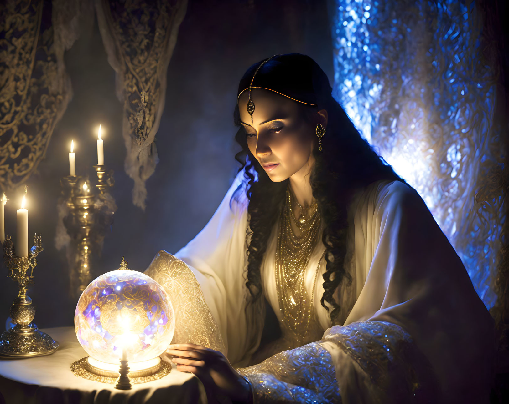 Woman in ornate attire with glowing crystal ball and candles in mystical setting