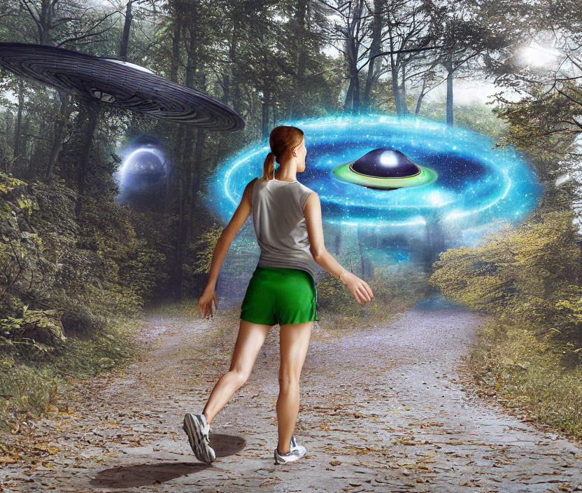 Woman in sportswear gazes at glowing portal with UFOs in forest clearing