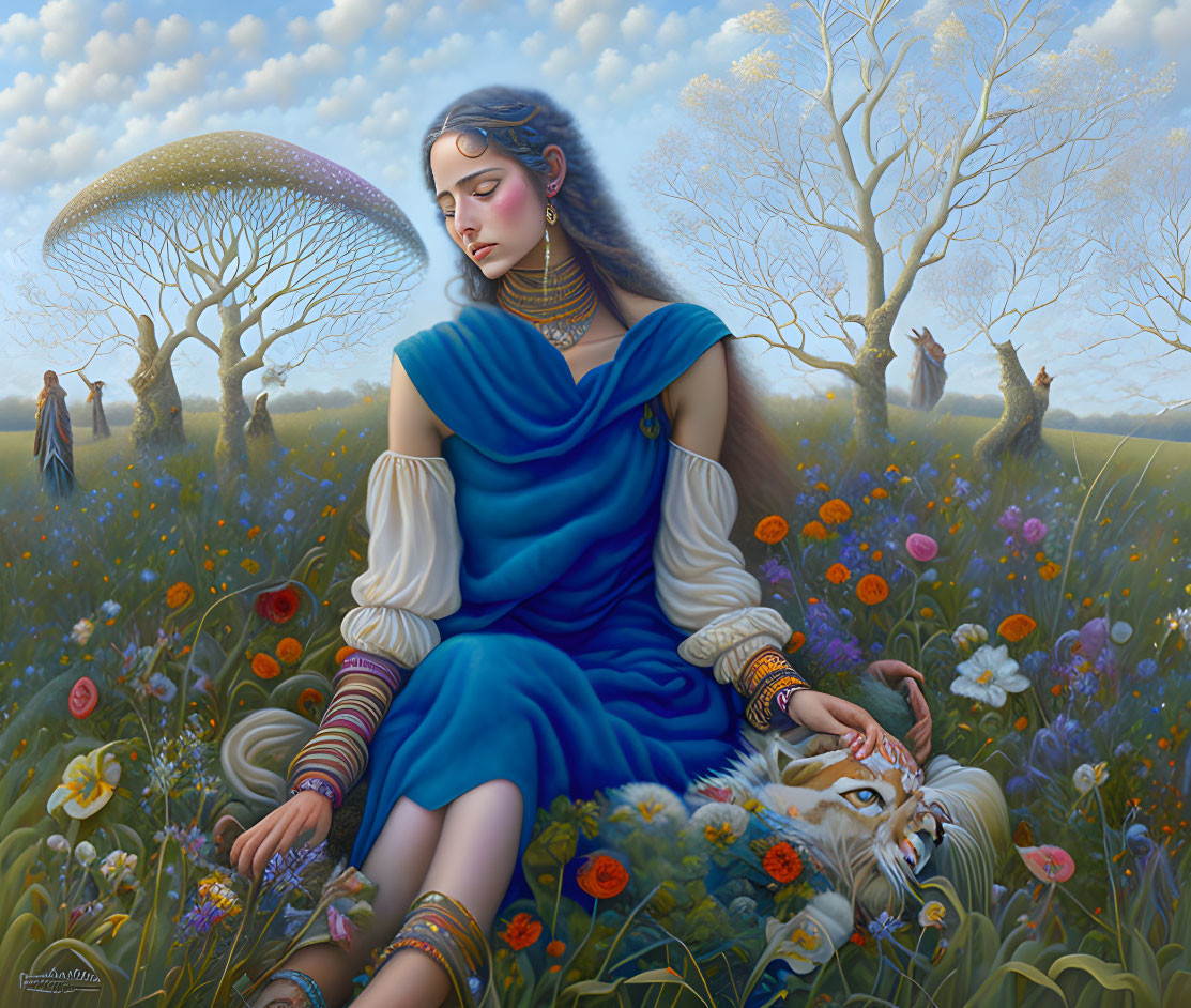 Woman in blue dress with tiger in vibrant meadow and fantastical background