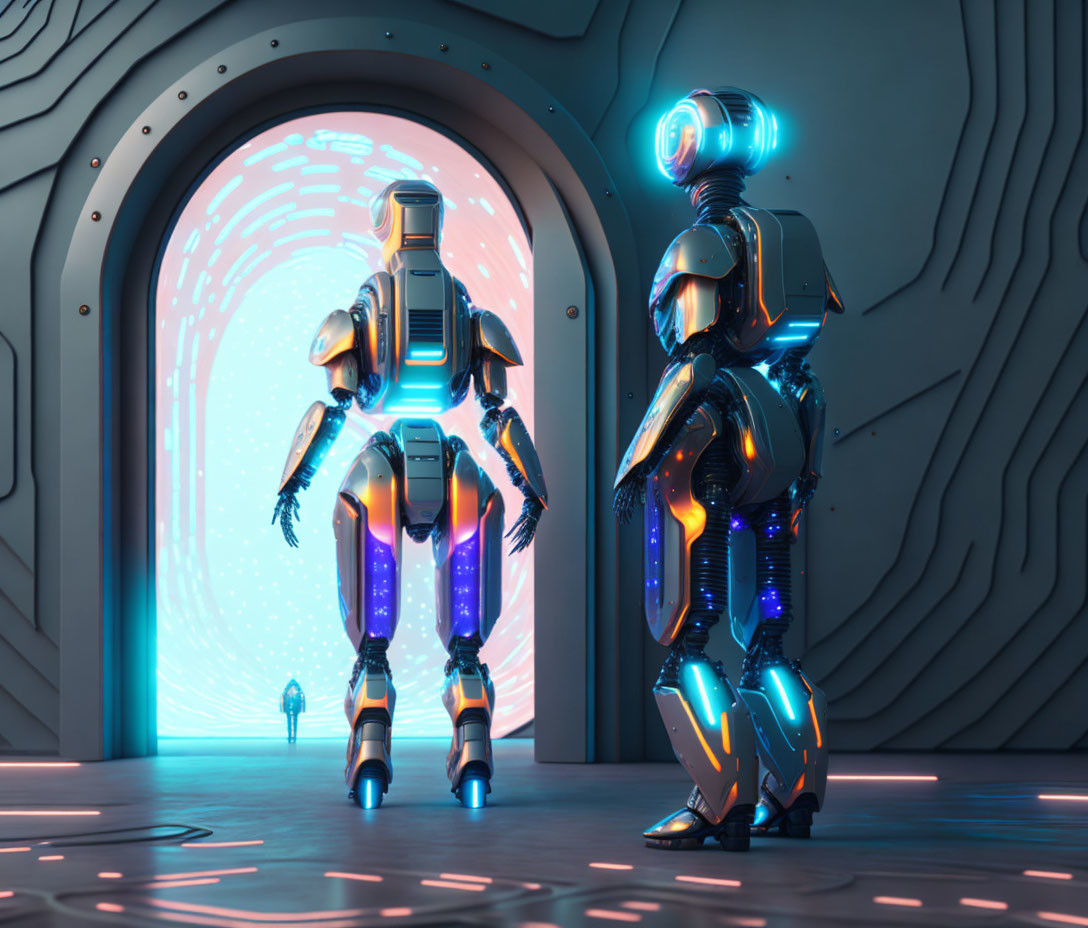 Futuristic robots in illuminated corridor with glowing portal