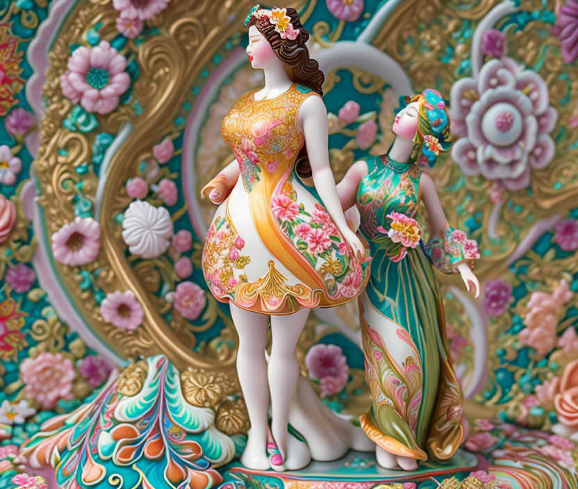 Colorful Porcelain Figurines of Women with Floral Patterns on Flower Background