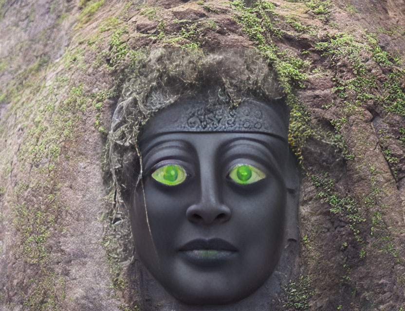 Surreal image of stony face with green eyes in moss-covered boulder