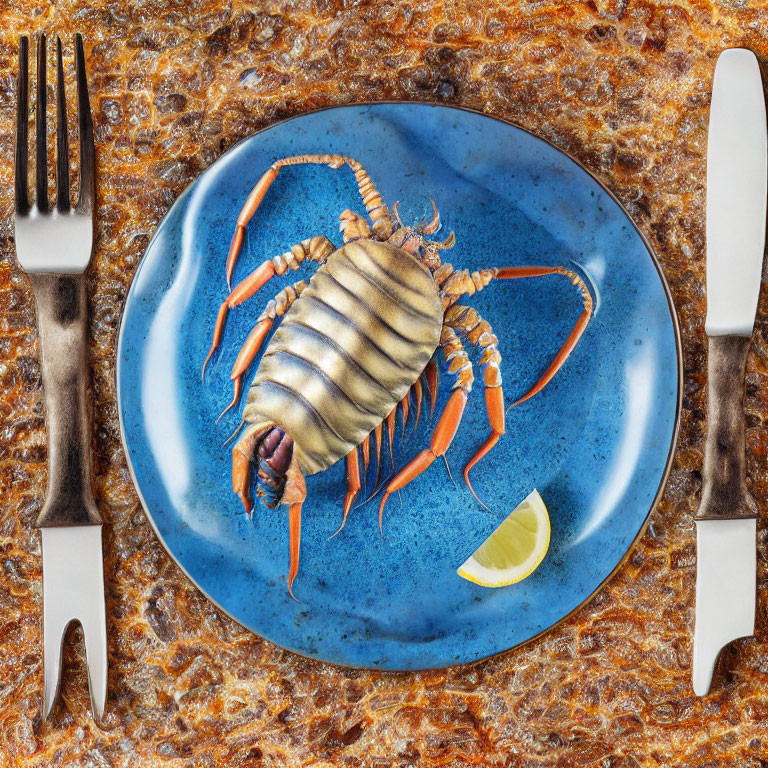 Cooked isopod with lime on blue plate, fork and knife on brown surface