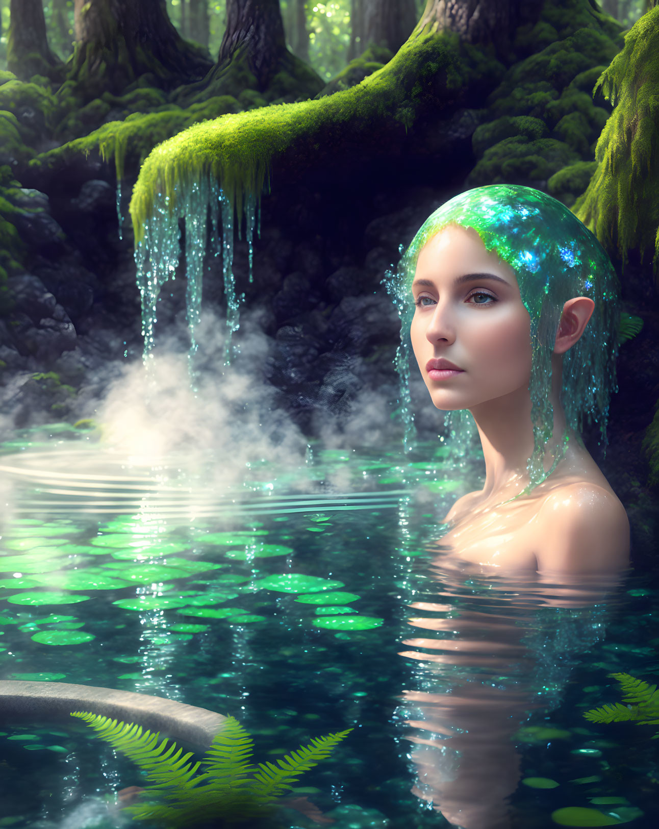 Mystical figure with pointed ears emerging from forest pond