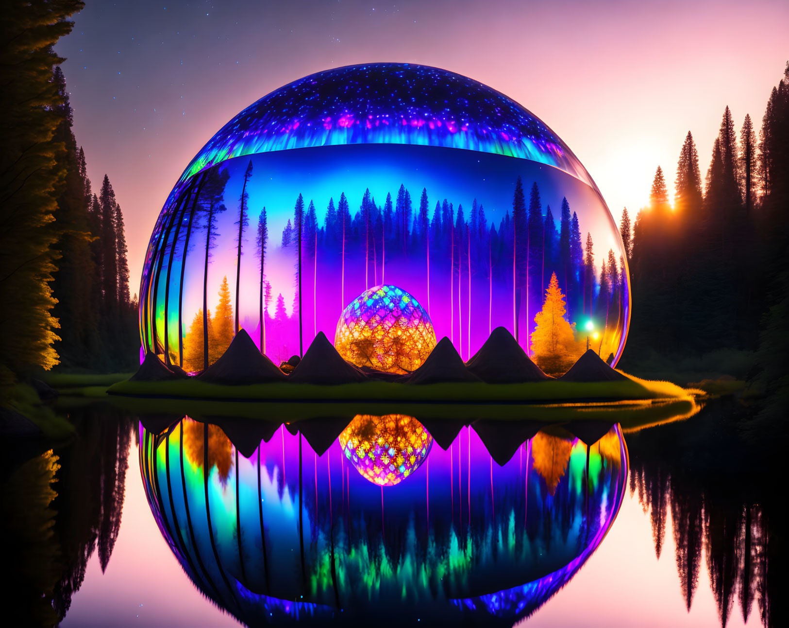 Surreal forest landscape with glowing dome and radiant spheres